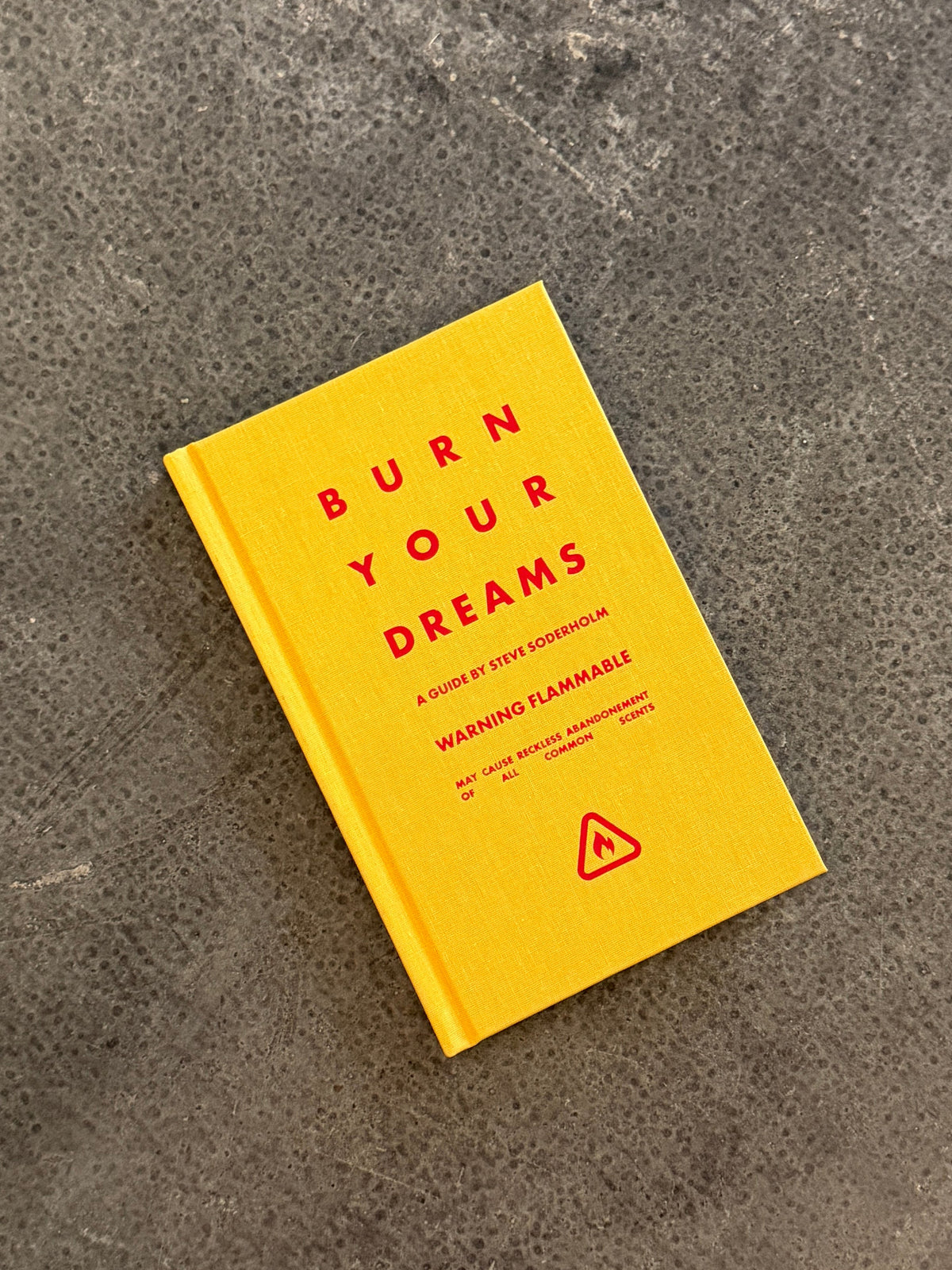 A book titled 'Burn Your Dreams' by Steve Soderholm, featuring a bright yellow cover with red text and a warning flame icon, resting on a concrete surface. 