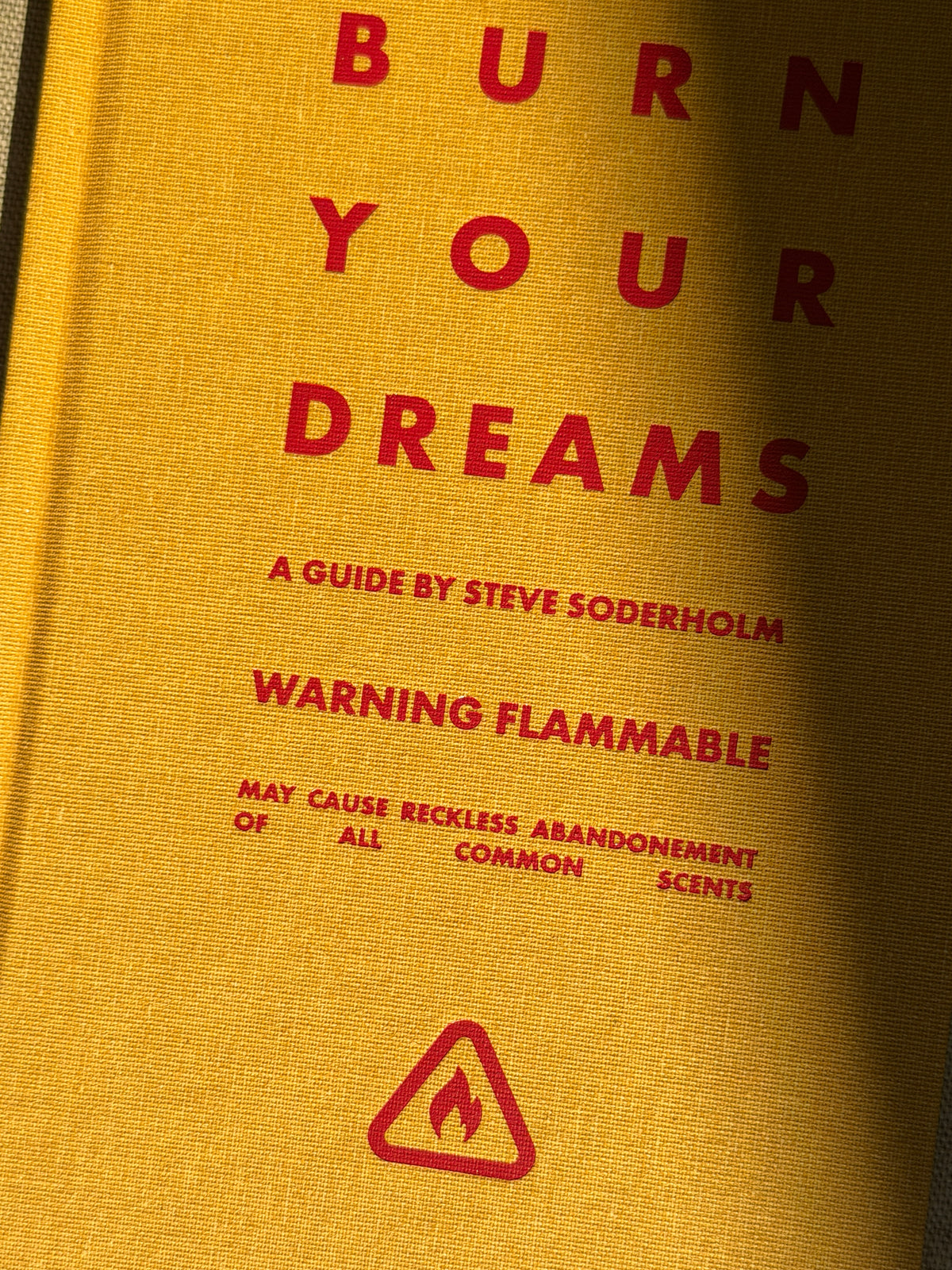 A close-up of a yellow book cover with red text reading 'BURN YOUR DREAMS' and a red warning flame icon near the bottom.