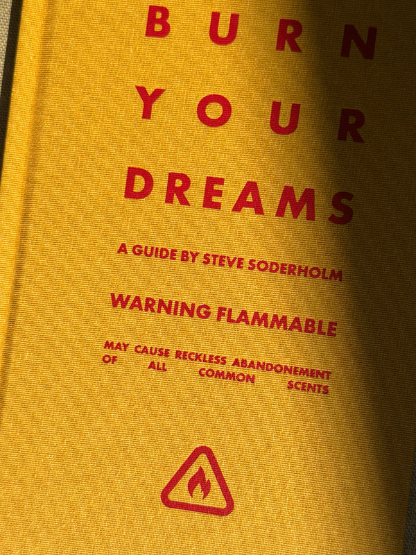A close-up of a yellow book cover with red text reading 'BURN YOUR DREAMS' and a red warning flame icon near the bottom.